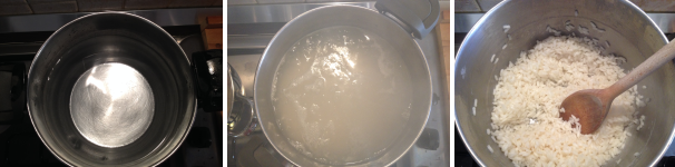 Per preparare l’insalata di riso con i gamberetti, come prima cosa procedete mettendo una pentola con due litri di acqua salata sul fornello e fatela bollire. Quando bolle aggiungete il riso e fatelo cuocere fino al tempo indicato sulla confezione. Una volta cotto, scolatelo, rimettetelo nella pentola, unite due cucchiai di olio extravergine di oliva per non farlo attaccare e mescolate bene. Lasciatelo poi raffreddare.