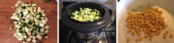 Intanto potete preparare le verdure. Prendete le zucchine, lavatele e tagliate a cubetti piccoli, poi fatele cuocere in una vaporiera per circa 15 minuti. Prendete poi il mais, scolatelo dall’acqua della scatoletta e versatelo in una padella, unite una noce di burro ed il sale e fatelo saltare per circa 5 minuti a fiamma vivace.