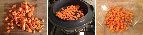 Prendete le carote, lavatele, sbucciatele e tagliatele a cubetti. Poi mettetele in una vaporiera e lasciatele cuocere 15 minuti. Una volta cotte mettetele in una terrina ed aggiungete un po’ di sale.
 