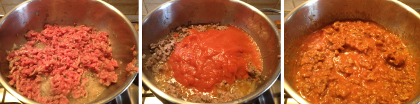 Nel frattempo potete preparare il ripieno di carne, fate soffriggere una cipolla in 2 cucchiai di olio extravergine di oliva insieme alla carne trita e a 2 cucchiaini di sale. Lasciate andare a fuoco medio per circa 10 minuti e poi aggiungete la salsa di pomodoro. Fate cuocere il tutto per almeno 30 minuti.