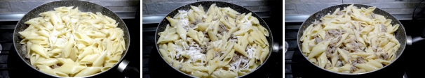 Scolate la pasta al dente e trasferitela nella padella con la genovese. Aggiunte il pepe e mescolate per amalgamare tutti gli ingredienti. Mantecate a fuoco spento con il parmigiano grattugiato. 