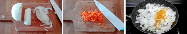 Iniziate affettando finemente le cipolle. Tritate la carota. Trasferite tutto in una padella con l’olio extravergine d’oliva e un pizzico di sale.