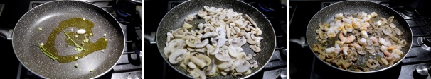 Fate rosolare l’aglio e l’olio in una padella insieme al sedano tagliato a tocchetti e i gambi di prezzemolo. Aggiungete i funghi champignon, salate e fate cuocere a fuoco medio per 15 minuti. Quando i funghi saranno cotti, aggiungete le mazzancolle, il basilico, sfumate con il vino bianco e fate evaporare.