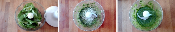 Come prima cosa preparate il pesto. Lavate e asciugate il basilico e sistemate le foglie nel bicchiere del mixer, aggiungete lo spicchio di aglio, il sale e un filo di olio. Frullate per qualche minuto. Aggiungete altro olio e il parmigiano grattugiato. Frullate fino ad ottenere una crema omogenea e di un bel verde brillante. Tenete il pesto da parte.