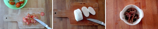 Nel frattempo lavate e asciugate i pomodorini, tagliateli a dadini e teneteli da parte. Tagliate a dadini anche la mozzarella. Sciacquate i capperi per eliminare il sale in eccesso.