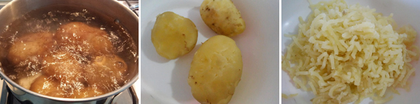 Per prima cosa, dopo aver sciacquato accuratamente le patate dai residui di terra, mettetele a bollire in abbondante acqua per circa 40-45 minuti, il tempo può variare dalla grandezza delle patate. Prima che si raffreddino totalmente, in quanto poi sarà più difficoltoso, sbucciatele e schiacciatele con uno schiacciapatate.