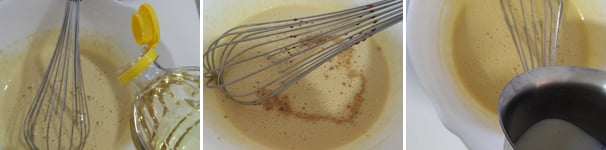 Aggiungete l’olio di semi di girasole a filo continuando a mescolare. Versate poi una piccola tazzina di caffè decaffeinato e il latte di mandorla, mescolate di nuovo con la frusta.