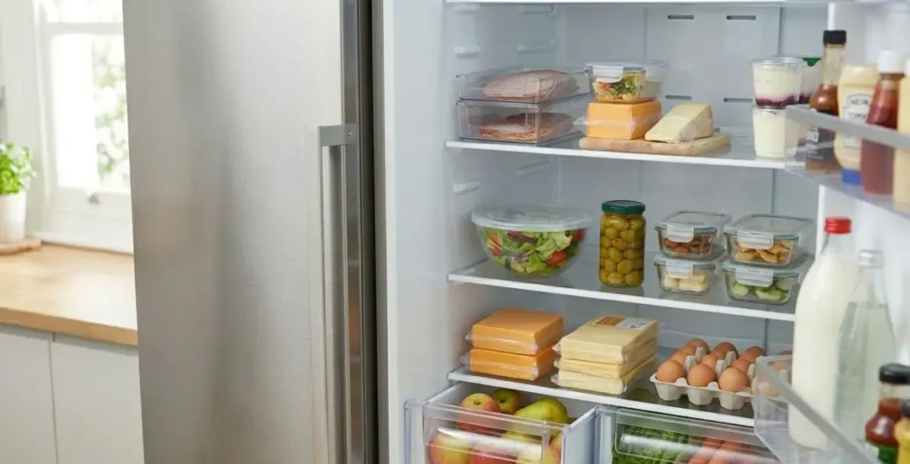 Come sistemare correttamente gli alimenti in frigorifero Interno di un frigorifero moderno e pulito con gli alimenti sistemati correttamente sui ripiani e frutta e verdura nei cassetti inferiori