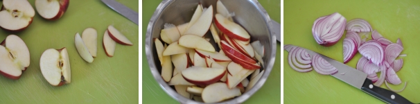 Tagliate in quarti le mele e successivamente a fettine sottili. Mettetele in una ciotola e irroratele con il succo di limone in modo da non farle diventare nere per colpa dell’ossidazione. Ora tagliate a fettine sottilissime anche la cipolla di Tropea