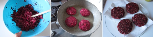 Mescolate il composto accuratamente e usando le mani formate gli hamburger.  Riscaldate l’olio in una padella e cuocete gli hamburger circa 3 minuti da ogni lato. Disponeteli infine sulla carta assorbente da cucina per eliminare eccesso di olio.