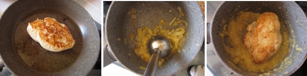 Cuocete il pollo da ogni lato per circa 4 minuti sul fuoco medio. Usando il mixer ad immersione, riducete la cipolla in una crema. Trasferite il pollo nella pentola con la cipolla ed avvolgetelo da tutte le parti. Coprite con un coperchio e cuocete sul fuoco lento ancora per 5 minuti.