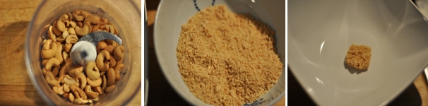 In un mixer frullate gli anacardi fino a renderli una polvere grossolana. Non aggiungete sale perché la frutta secca è già sufficientemente sapida. Ricoprite i bocconcini di pollo, scolati dalla loro marinatura, con il trito di anacardi
