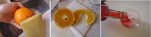 Lavate bene la buccia d’arancia con una spugna sotto l’acqua corrente. Versate il ghiaccio in un bicchiere fino all’orlo. Tagliate una fetta di arancia e poi tagliatela a metà. Versate l‘aperol nel bicchiere.
 