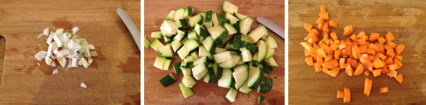 Per preparare la ciambella alle verdure, è necessario, come prima cosa, tagliare tutte le verdure. Iniziate con il cipollotto, pulitelo dalle parti verdi e tagliatelo a piccoli pezzi. Poi passate alle zucchine, lavatele e tagliatele a cubetti e alle carote, sbucciatele e tagliatele a pezzettini.