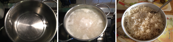 Per preparare l’insalata di riso con pollo, come prima cosa dovete lessare il riso. Mettete sul fornello una pentola con acqua salata, portate ad ebollizione ed aggiungete il riso, fate cuocete per il tempo indicato sulla confezione, poi scolate, mettetelo in una terrina, aggiungete 3 cucchiai di olio extravergine di oliva e fatelo raffreddare nel frigorifero.