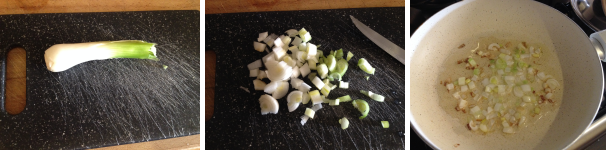 Poi dovete preparare i gamberetti sale e pepe, dunque prendete il cipollotto, togliete le parti verdi, lavatelo e tagliatelo a fettine. In una padella versate 4 cucchiai di olio extravergine di oliva e fatelo soffriggere per 3 minuti.