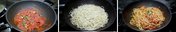 Quando le seppie saranno diventate tenere e la salsa si sarà cotta, aggiungete il prezzemolo tritato finemente e spegnete la fiamma. Cuocete gli spaghetti in abbondante acqua salata. Scolateli al dente nel tegame con il sugo e mescolate per amalgamare tutti gli ingredienti.