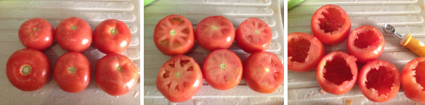 Mentre cuociono le verdure prendete i pomodori, tagliatene la parte superiore e svuotate il contenuto interno.