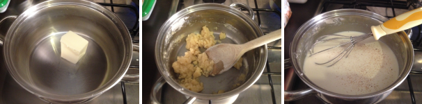 Poi dovrete preparare la besciamella. Mettete a scaldare in un pentolino il burro e quando è sciolto aggiungete la farina e a filo anche il latte. Per ultimo aggiungete il sale e la noce moscata.