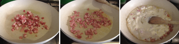 Per preparare gli Spatzle con panna e pancetta, per prima cosa versate la pancetta con due cucchiai di olio extravergine di oliva in una padella, fate soffriggere 5 minuti, incorporate la panna e dopo 2 minuti spegnete il fornello.