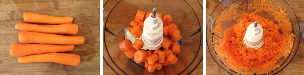 Per preparare la torta di carote, per prima cosa dovete tritare le carote finemente. Sbucciatele, lavatele e inseritele a pezzi in un frullatore, poi azionatelo fino a che non le avrete ridotte in poltiglia.