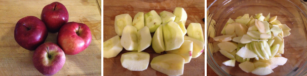 Per preparare la torta di mele cremosa, per prima cosa lavate bene le mele, sbucciatele, tagliatele in quattro parti e togliete i semini interni. Poi tagliatele a fettine molto sottili e cospargetele con il succo di un limone.