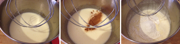 Aggiungete nel cestello il latte ed il burro sciolto, mescolate ancora con le fruste a bassa velocità e poi aggiungete la cannella, la farina 00 setacciata ed infine il lievito.
