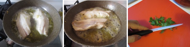 Dopo pochi minuti girate il pesce, aumentate la fiamma e fate sfumare il vino. Il liquido deve diventare una salsina abbastanza densa. Lavate ed asciugate il prezzemolo. Tritatelo grossolanamente e cospargete il pesce.