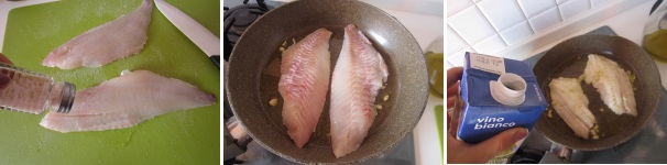 Salate i filetti da entrambi i lati e lasciate per qualche minuto da parte. Disponete il pesce sull’olio caldo e abbassate la fiamma. Dopo 3 minuti versate il vino sopra il pesce e cuocetelo sul fuoco lento per pochi minuti.