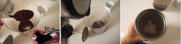 Versate il caffè nella moka o in un bricco a infusione. Bollite l’acqua e versatela sopra il caffè macinato. Se avete usato un bricco, lasciatelo coperto per circa 5 minuti. Mettete il ghiaccio nel shaker.