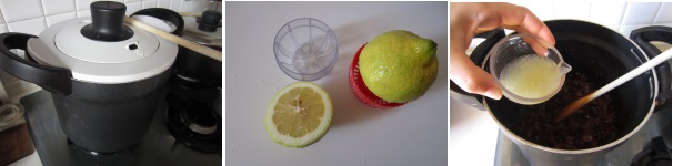 Coprite la pentola con il coperchio e lasciate raffreddare e riposare la frutta per 10-12 ore. Dopo il tempo necessario, spremete il succo di un limone. Versate nella pentola e cuocete, mescolando ogni tanto per circa un’ora.
 
