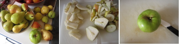 Lavate le pere e la mela. Sbucciate le pere, privato del torsolo e tagliatele a spicchi. Sbucciate la mela e tagliate via i semi e il torsolo.