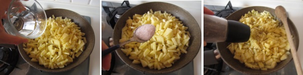 Mettete le patate in padella e saltate per 5 minuti. Aggiungete l‘acqua e cuocete fin quando non risulteranno morbide ma sode. Aggiungete del sale e del pepe e rimescolate.