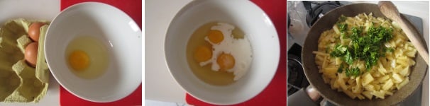 Mettete le uova in una ciotola, aggiungete il latte e un pizzico di sale, quindi sbattete con una forchetta. Lavate, asciugate e tritate finemente il prezzemolo. Aggiungetelo alla patate e rimescolate tutto.