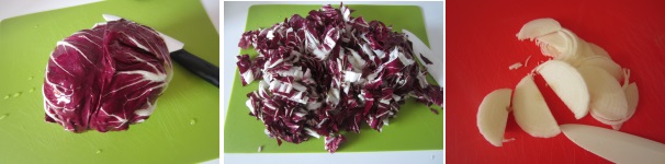 Togliete le prime foglie del radicchio e buttatele via. Tagliate il radicchio a metà e poi a strisce fini. Sbucciate lo scalogno ed affettatelo.