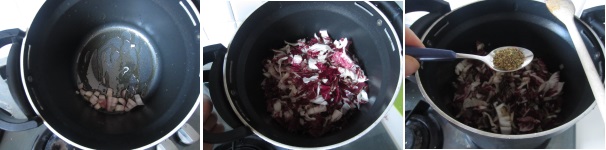 Versate l‘olio  nella pentola e riscaldatelo. Aggiungete lo scalogno e saltate qualche minuto. Aggiungete il radicchio e rimescolate. Cospargete con l’origano.