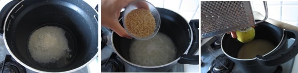 Unite l’acqua (o il latte) e il riso e portate ad ebollizione. Abbassate un po’ la fiamma ed aggiungete lo zucchero. Cuocete 10-15 minuti, fin quando non si assorbe tutta l’acqua. Fate raffreddare il riso. Grattugiate la scorza di un limone intero e unitela al riso. Rimescolate.
