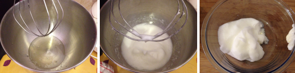 Per preparare la crema al mascarpone come prima cosa dovete montare i bianchi a neve. Rompete le uova, mettete gli albumi nella planetaria e montateli fino a quando il composto non raggiunge la consistenza di una spuma. Poi metteteli da parte.