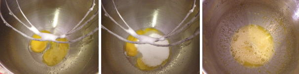 Mettete nel cestello i tuorli, aggiungete lo zucchero e l’acqua tiepida, poi mescolate fino ad avere un composto omogeneo.
