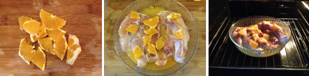 Sbucciate e tagliate a fette l’ultima metà di arancia rimasta ed adagiatela sopra il pollo. Cuocete in forno statico a 170 gradi per 40 minuti.