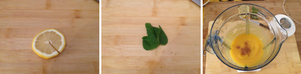 Poi preparate una fetta di limone per decorare il bicchiere, tagliatela dal resto del limone e praticate un altro taglietto che va dal centro fino alla buccia per poterla fissare sul bicchiere. Poi lavate tre foglie di menta limonata ed in fine aggiungete un pizzico di cannella nel frullatore.