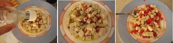 Salate il tofu a piacere e regolate con il pepe. Nuovamente rimescolate, facendo attenzione a non rompere i cubetti di tofu. Tagliate un pomodoro a dadini e unitelo al resto. Coprite il piatto e lasciate riposare per una mezz’ora. Decorate i crostini e servite.