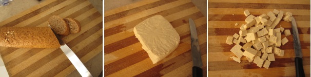 Tagliate il pane a fette non troppo fini. Abbrustolitele. Scolate il tofu e tagliatelo a dadini, poi mettetelo in un piatto tondo oppure in una ciotola.