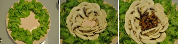 Appena prima di comporre il piatto tamponate i funghi chiodini con un poco di carta assorbente in modo da eliminare l’olio in eccesso. Create una corona di insalata poi proseguite con gli champignon e all’interno i chiodini.