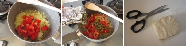 Lavate il pomodoro e tagliatelo a cubetti. Unitelo alla cipolla e mescolate continuamente. Quando il pomodoro inizierà tirare fuori il suo succo, aggiungete l’origano e il prezzemolo. Scolate il tofu.