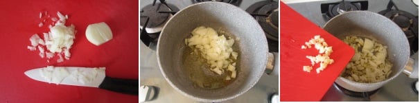 Sbucciate la cipolla e tagliatela finemente. In una pentola versate poco olio. Soffriggete la cipolla. Sbucciate l‘aglio, tagliatelo finemente unitelo alla cipolla. Mescolate e soffriggete a fuoco lento per altri 5 minuti.