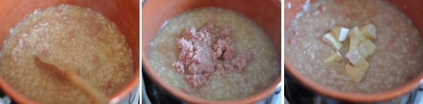 Quando il risotto è ancora umido ma con il brodo quasi completamente assorbito aggiungete la crema di mortadella e mescolate per amalgamare bene. Poi spegnete il fuoco, aggiungete il brie e mantecate. Lasciate riposare qualche minuto e servite.