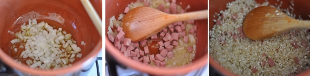 In un tegame di terracotta, a fuoco basso, scaldate l’olio e fate rosolare la cipolla. Quando è trasparente aggiungete i cubetti di mortadella e fateli cuocere per pochi minuti, fino a doratura. Alzate un poco la fiamma e aggiungete il riso, facendolo tostare.