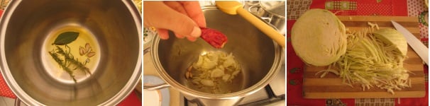 Iniziate a preparare lo stufato di cavolo cappuccio e tofu versando un po’ di olio nella pentola. Unite il rosmarino, l’alloro e l’aglio. Fate riscaldare per circa 5 minuti, poi eliminate tutto. Tagliate la cipolla finemente e soffriggetela nell’olio aromatizzato. Aggiungete il peperoncino. Eliminate le prime foglie del cavolo e tagliatelo prima a metà e poi a strisce fini.