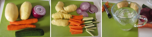 Preparate gli ingredienti per la tempura giapponese. Sbucciate le patate, la cipolla, le carote, lavate la zucchina. Pulite gli scampi e metteteli in frigo. Tagliate le patate e la cipolla a fettine, tagliate invece le zucchine e le carote a tocchetti. Preparate l’acqua con il ghiaccio.